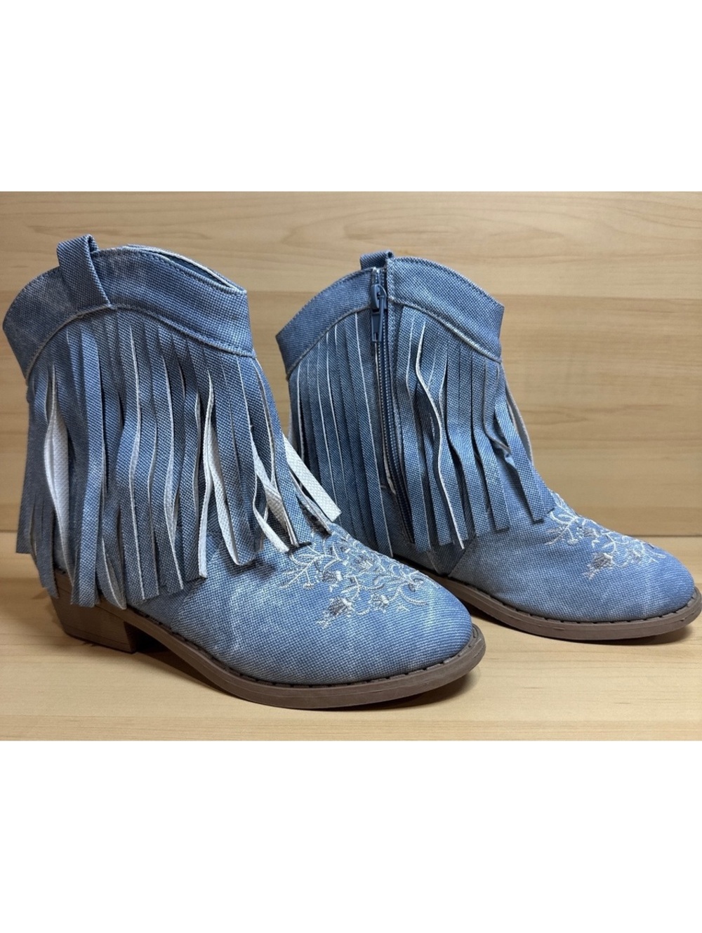 Girls Light Blue Denim Fringe Ankle Boots with Embroidered Floral Design